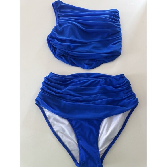 Women's Bikini Set Tummy Control Two Pcs Swimsuit Mesh One Shoulder royal blue S - Picture 6 of 15